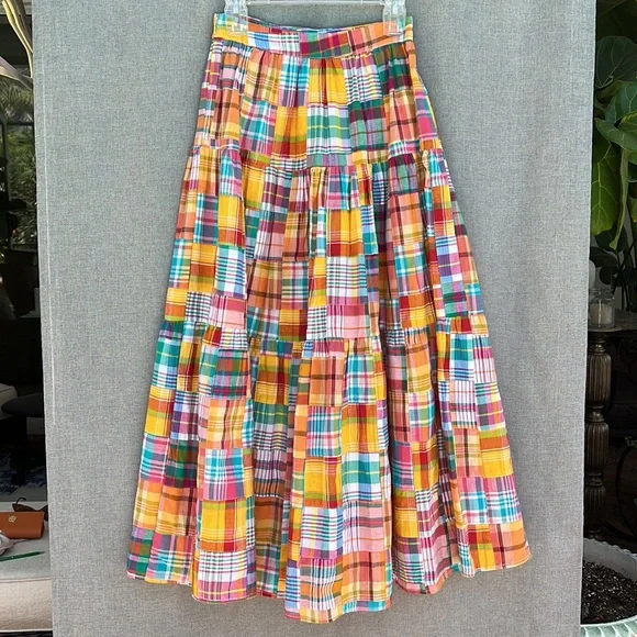 STAUD x Birkenstock NWT Sea Bright Patchwork Plaid cotton midi maxi skirt - Picture 6 of 17